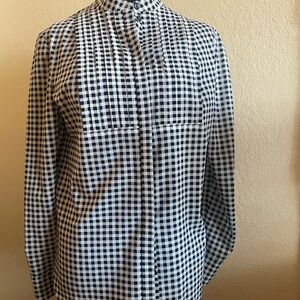 J.Crew black and white checked blouse, 100% polyester, pleated bodice.